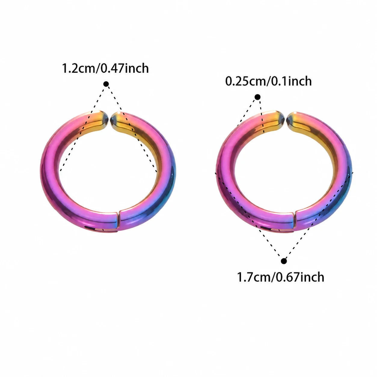 Polished 316L Rounded Hinged Huggie Hoop Earrings - Rainbow 12 mm Inner Diameter