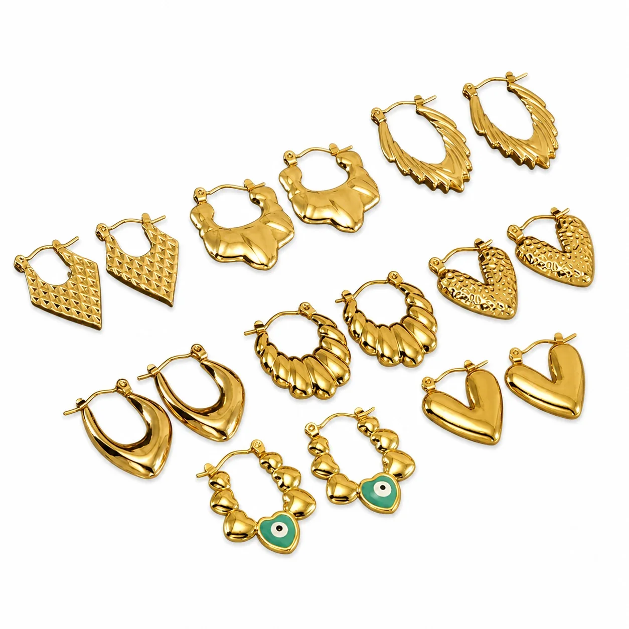 Bohemian Gold-Plated Heart Lattice Huggie Hoop Earrings