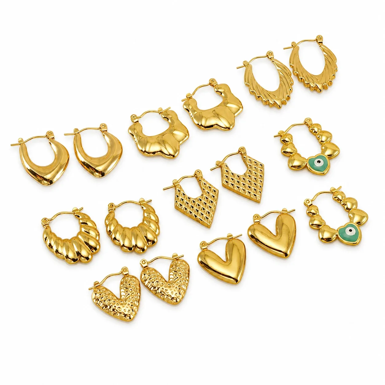 Bohemian Gold-Plated Heart Lattice Huggie Hoop Earrings