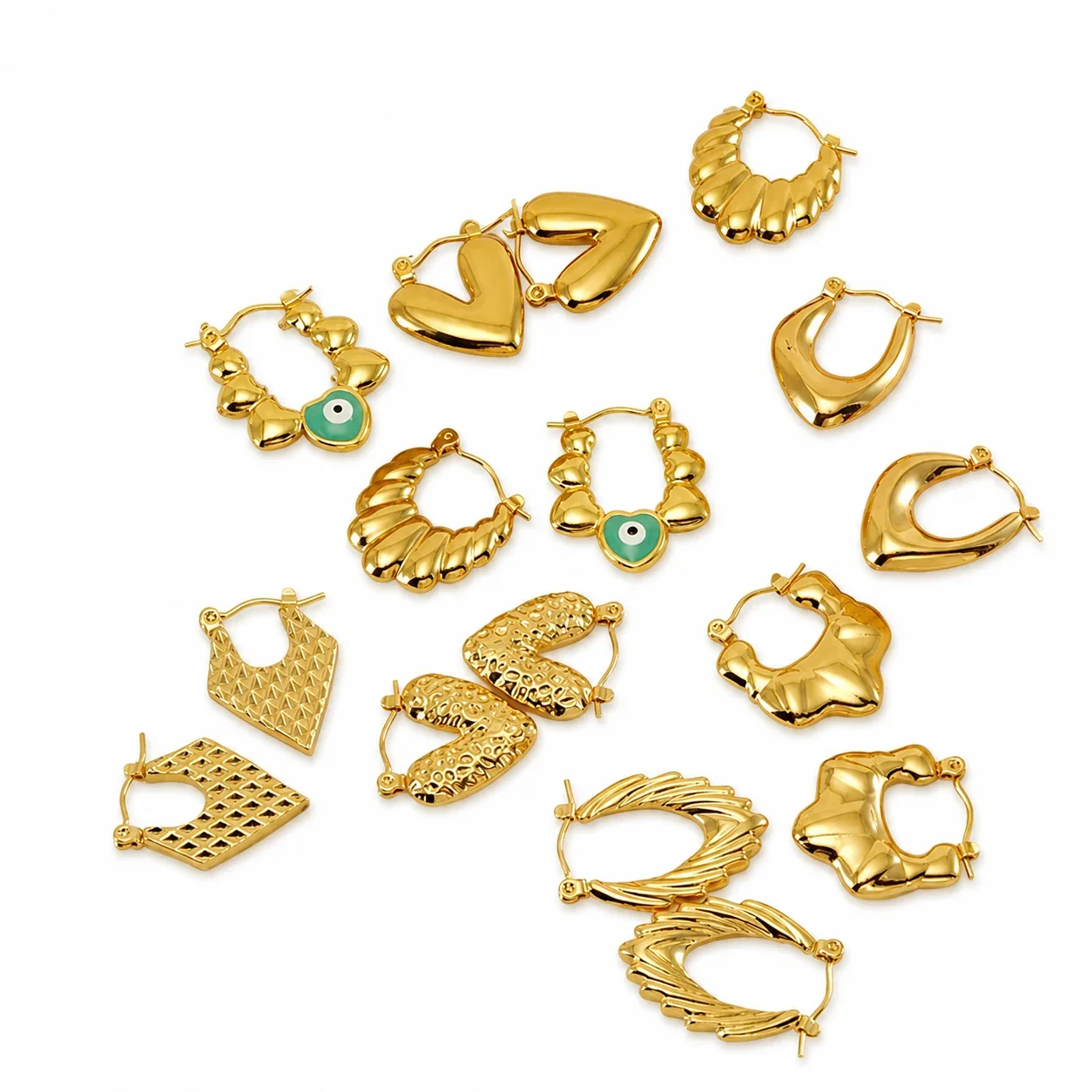 Bohemian Gold-Plated Heart Lattice Huggie Hoop Earrings