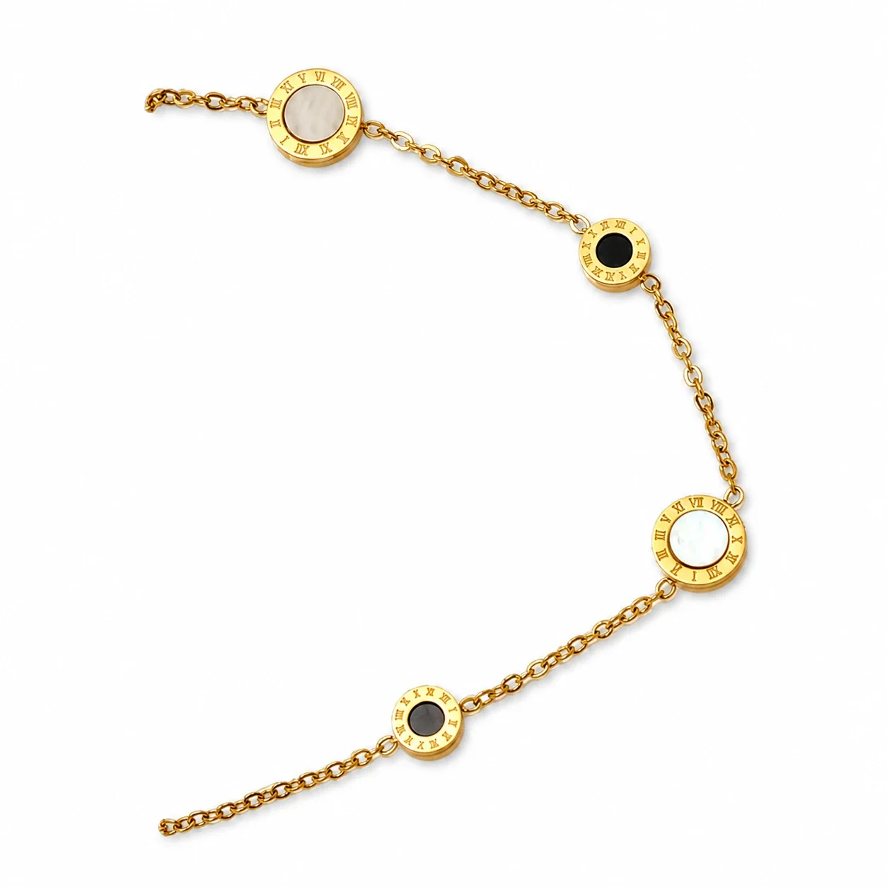 Refined Gold-Plated Roman Numeral Disc Chain Bracelet
