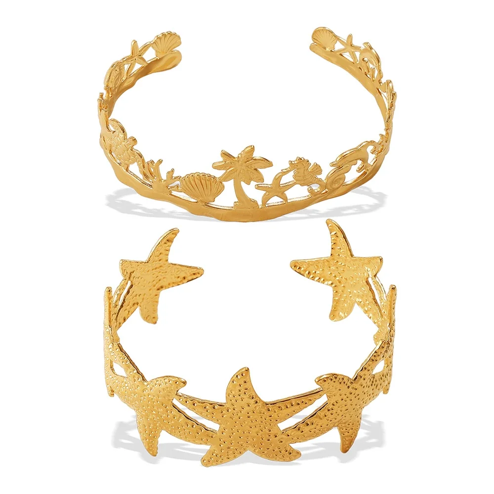 Cuff Bracelet with Starfish & Sea Motifs, 18K Gold-Plated