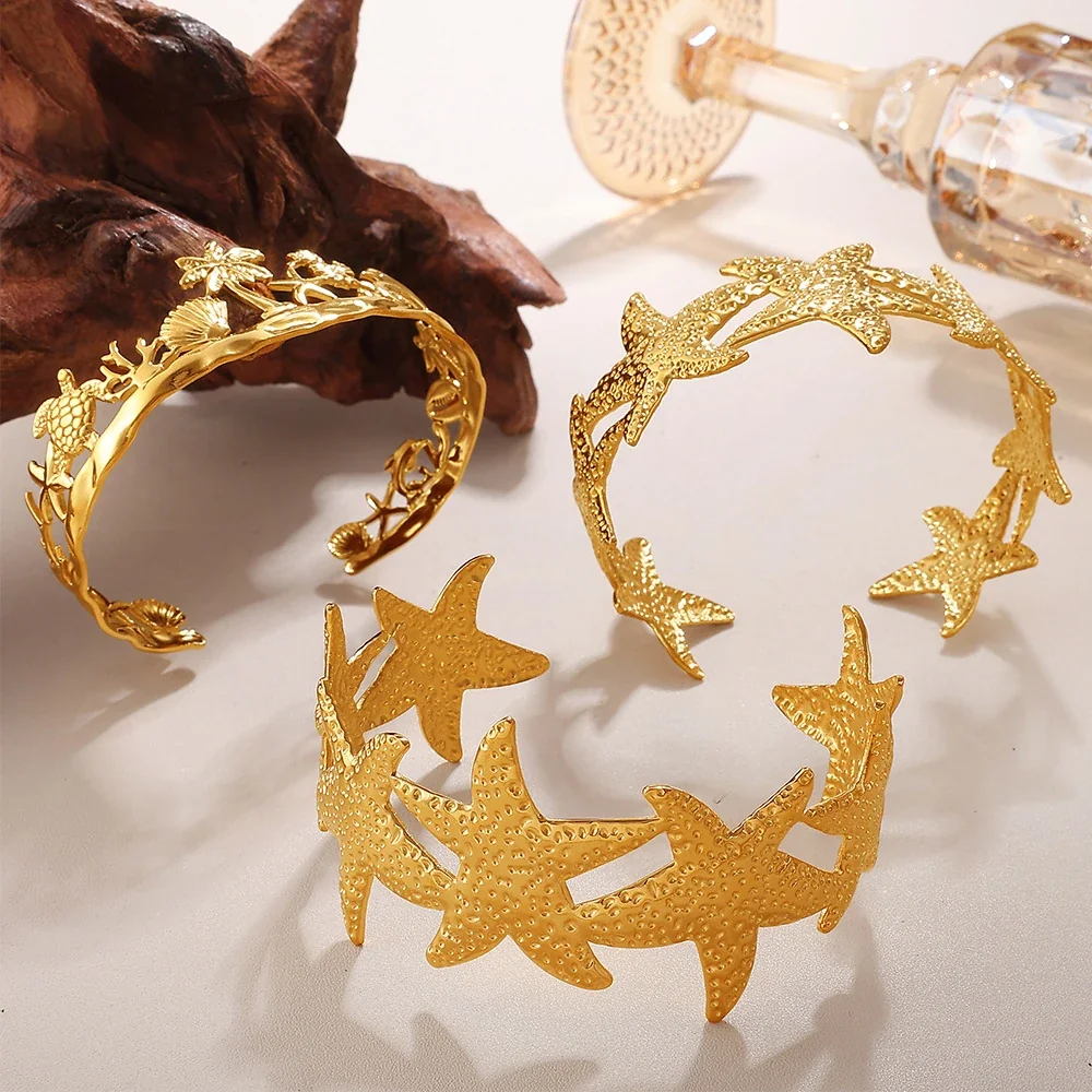 Cuff Bracelet with Starfish & Sea Motifs, 18K Gold-Plated