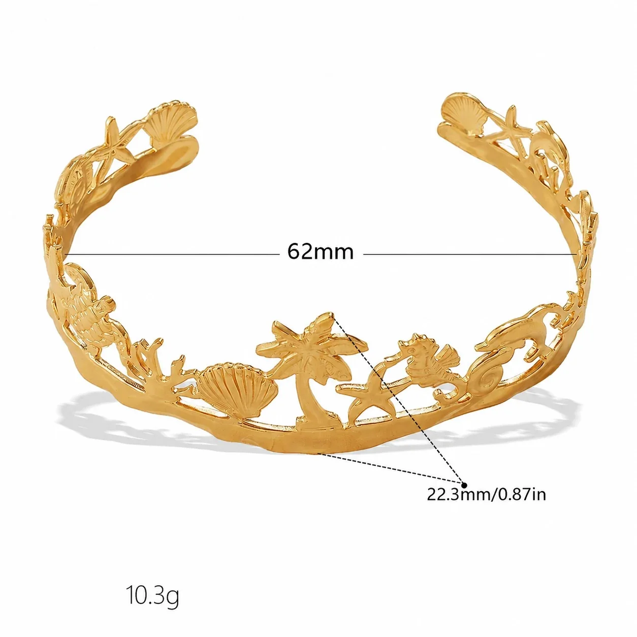 Cuff Bracelet with Starfish & Sea Motifs, 18K Gold-Plated - Gold Starfish Motif
