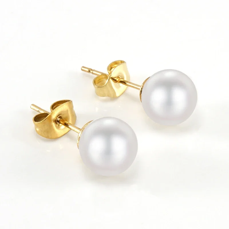 Lustrous Gold-Plated Stainless Steel Pearl & CZ Stud Earrings