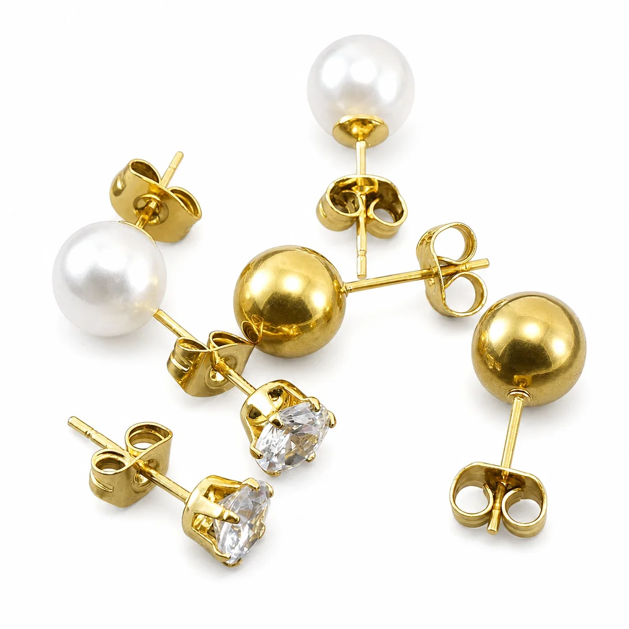 Lustrous Gold-Plated Stainless Steel Pearl & CZ Stud Earrings