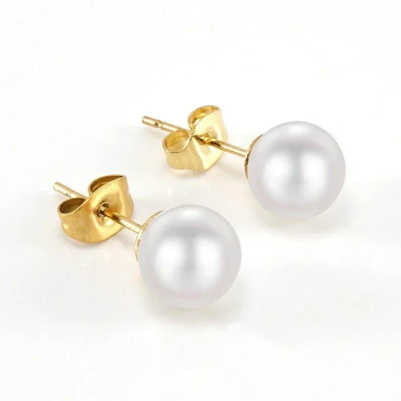 Lustrous Gold-Plated Stainless Steel Pearl & CZ Stud Earrings - Gold Pearl mm