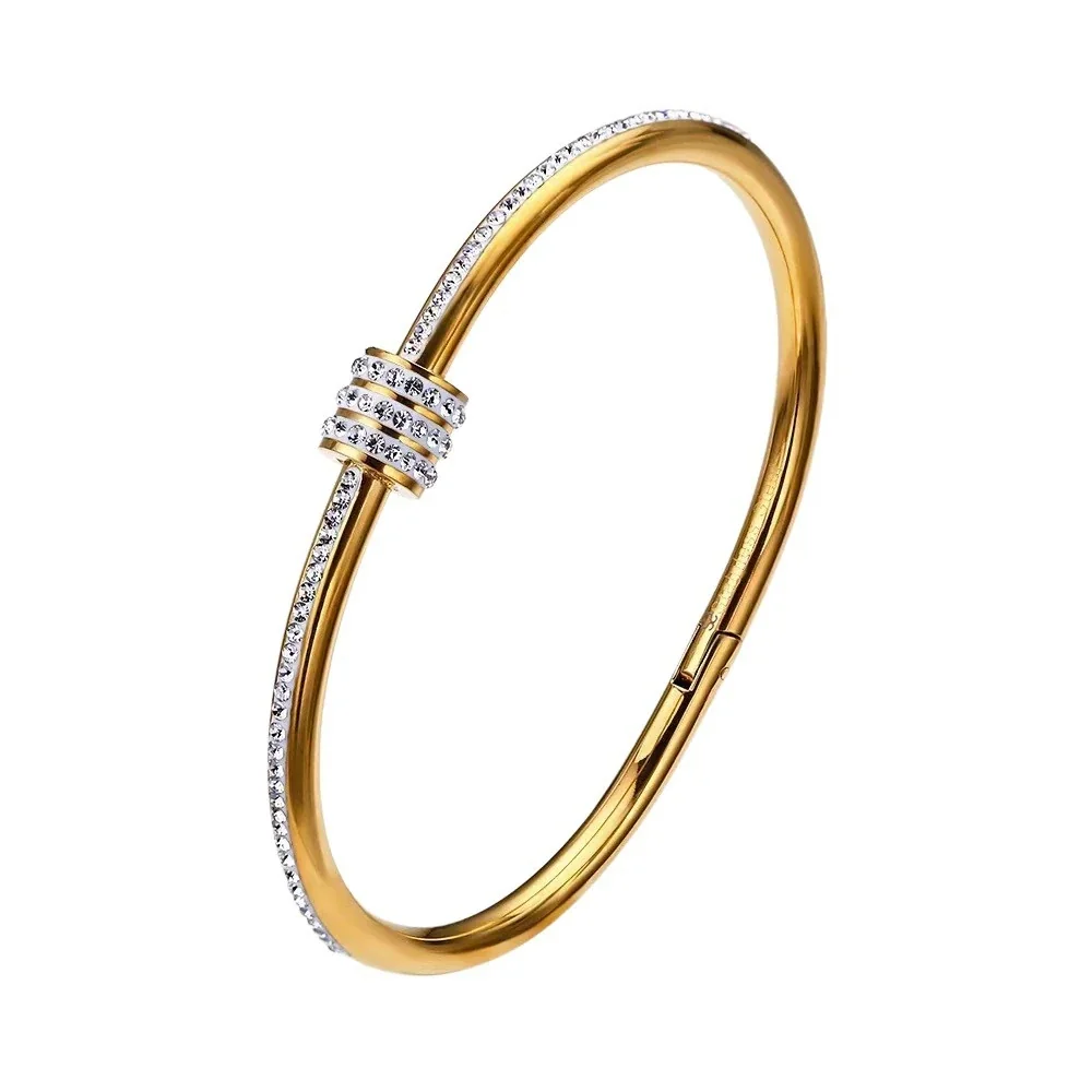 Bangle Bracelet, Triple Crystal Slider, Gold-Plated Stainless Steel