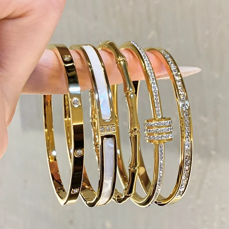 Bangle Bracelet, Triple Crystal Slider, Gold-Plated Stainless Steel