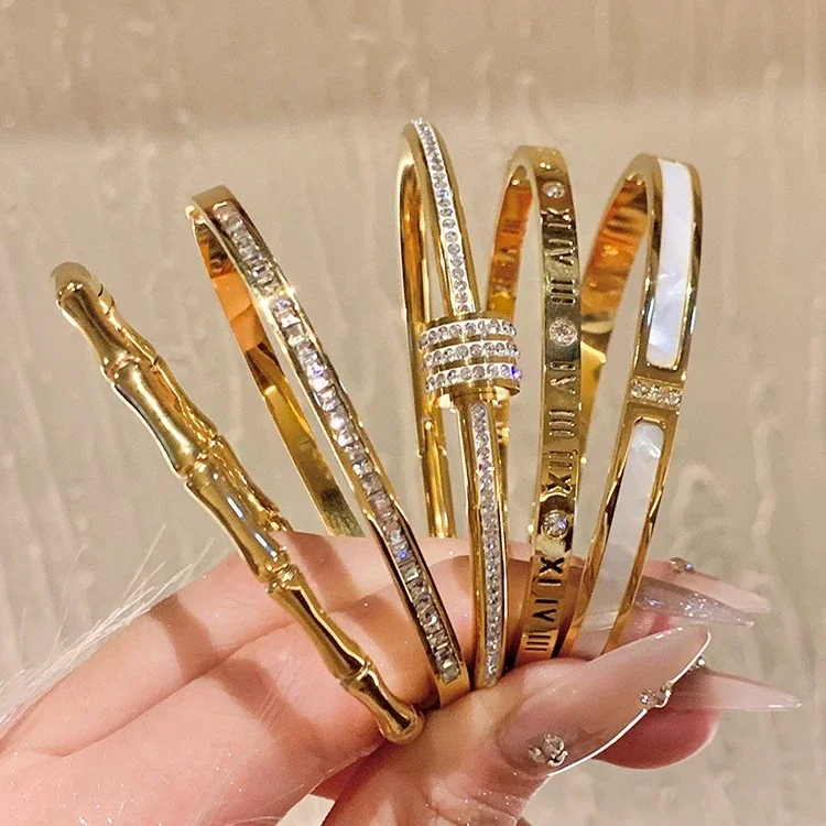 Bangle Bracelet, Triple Crystal Slider, Gold-Plated Stainless Steel