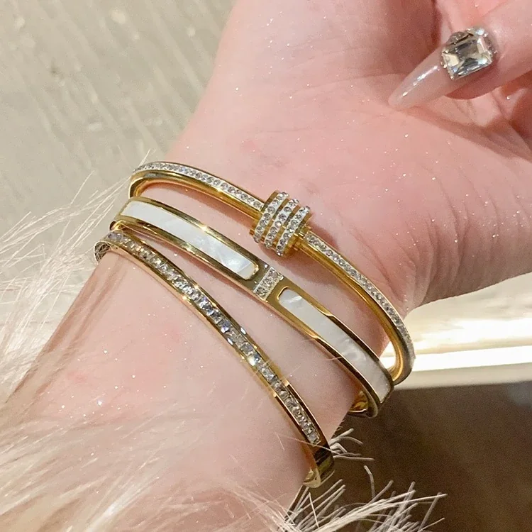 Bangle Bracelet, Triple Crystal Slider, Gold-Plated Stainless Steel