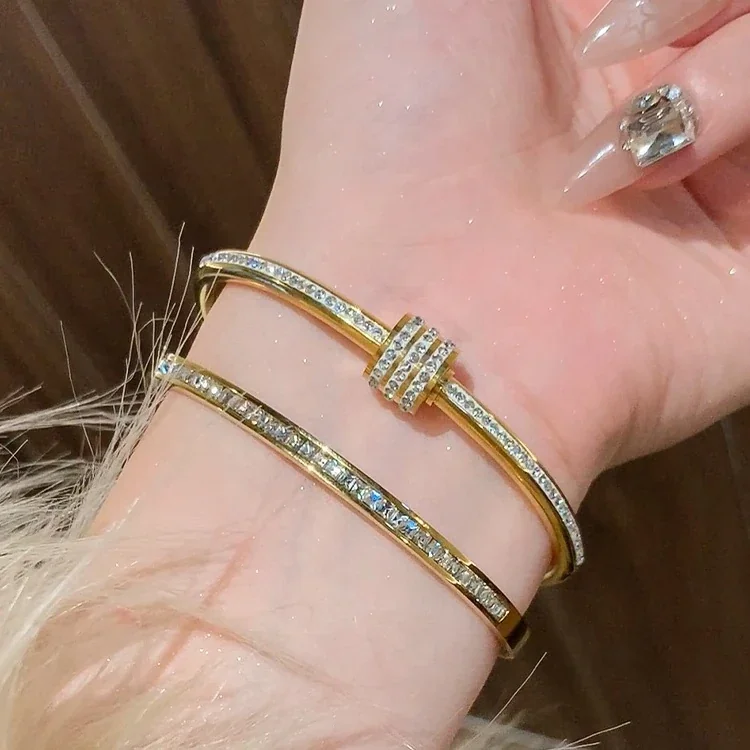 Bangle Bracelet, Triple Crystal Slider, Gold-Plated Stainless Steel