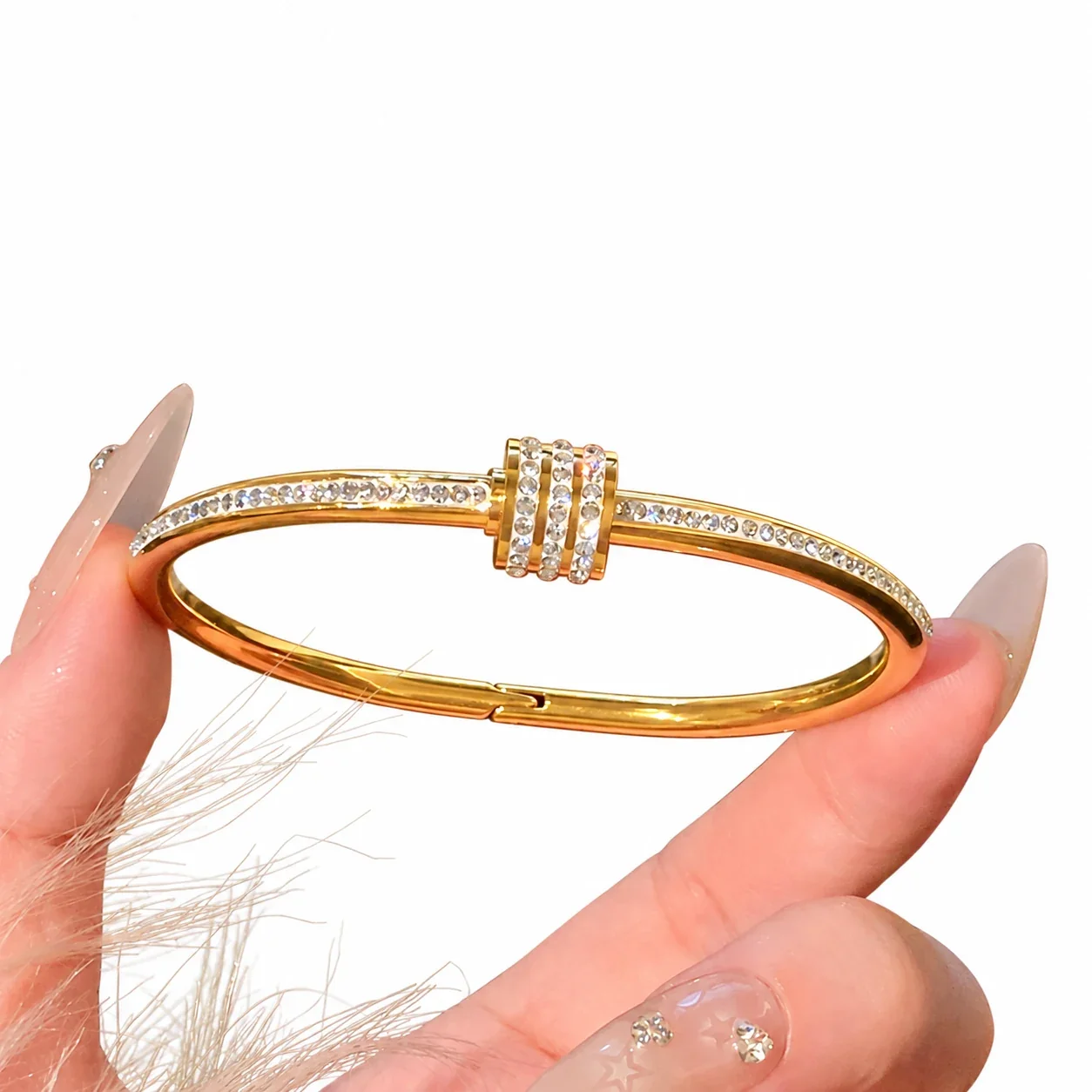 Bangle Bracelet, Triple Crystal Slider, Gold-Plated Stainless Steel - Gold Waistline