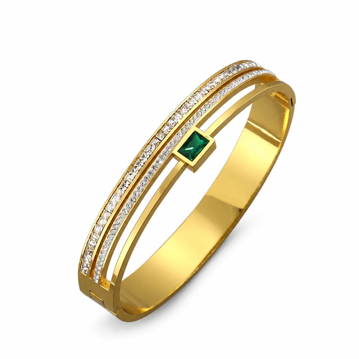 Bangle Bracelet, Triple Crystal Slider, Gold-Plated Stainless Steel - Gold Green Crystal