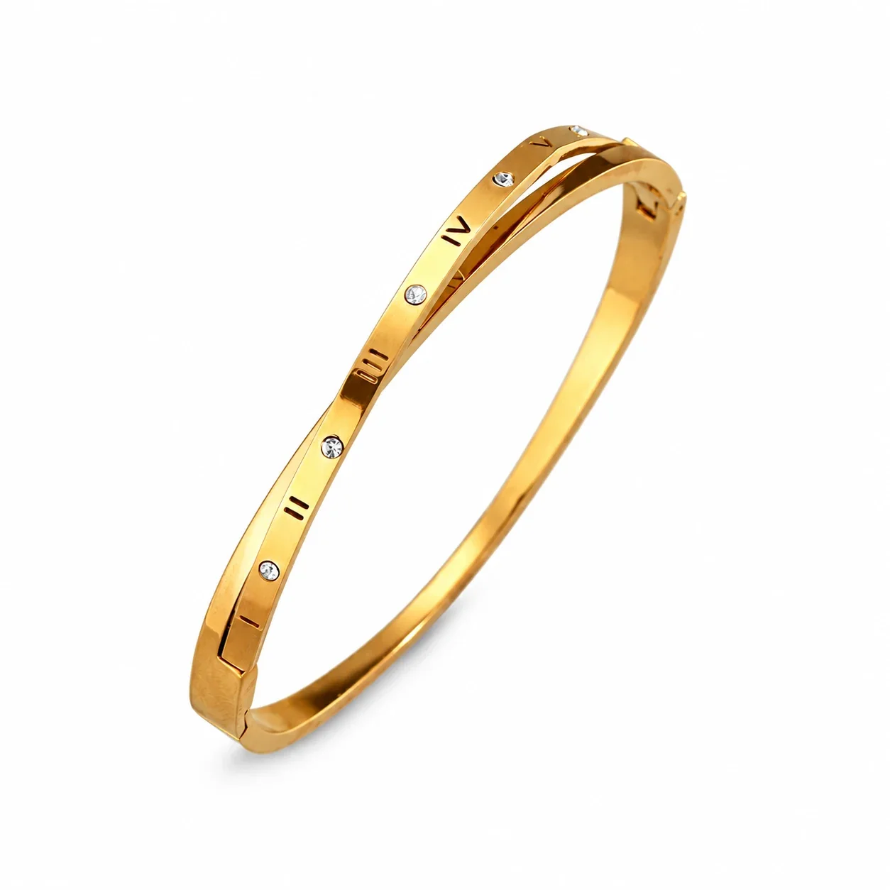 Bangle Bracelet, Triple Crystal Slider, Gold-Plated Stainless Steel - Gold Interlocking Roman Numeral