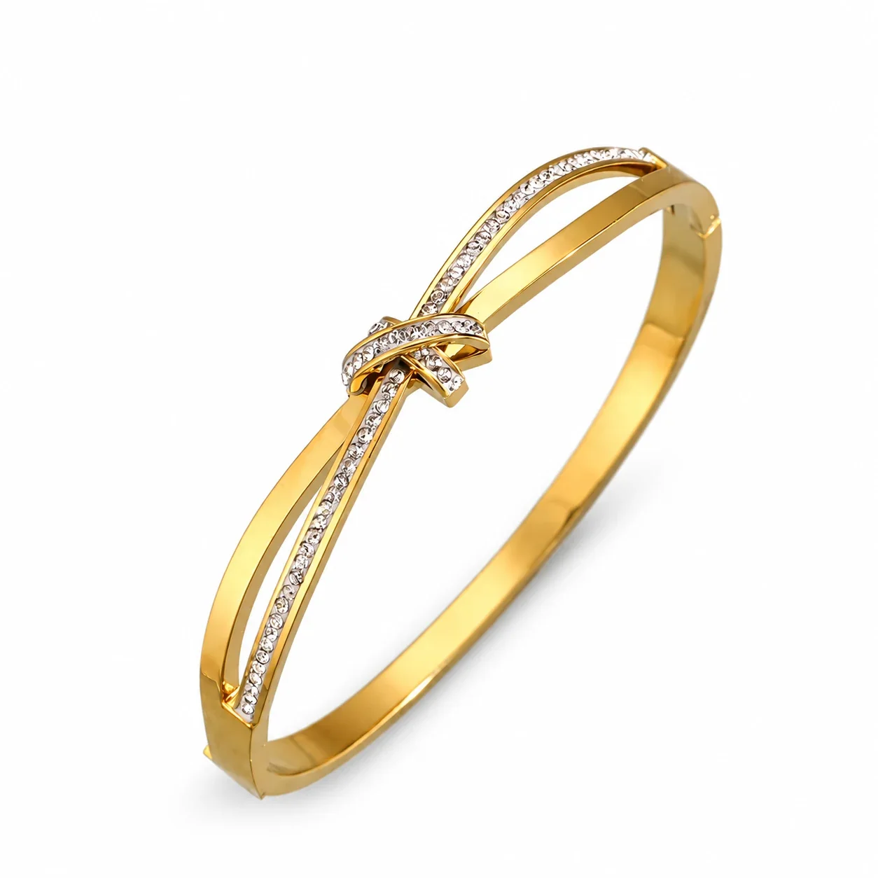 Bangle Bracelet, Triple Crystal Slider, Gold-Plated Stainless Steel - Gold Bow