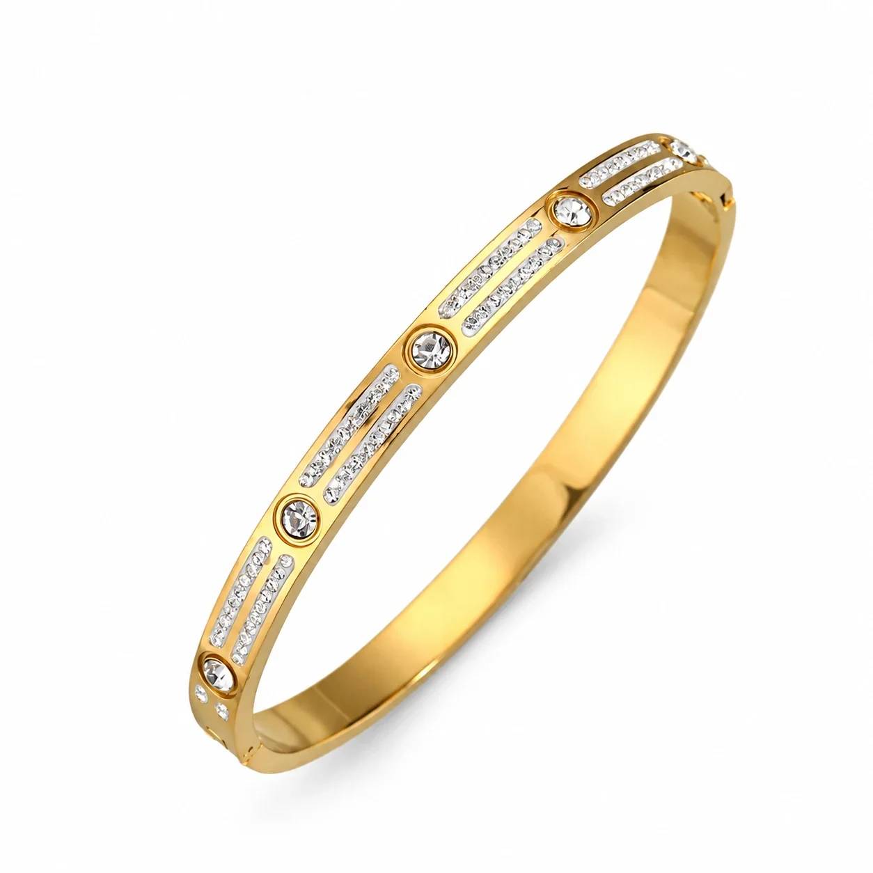 Bangle Bracelet, Triple Crystal Slider, Gold-Plated Stainless Steel - Gold Double Crystal Row