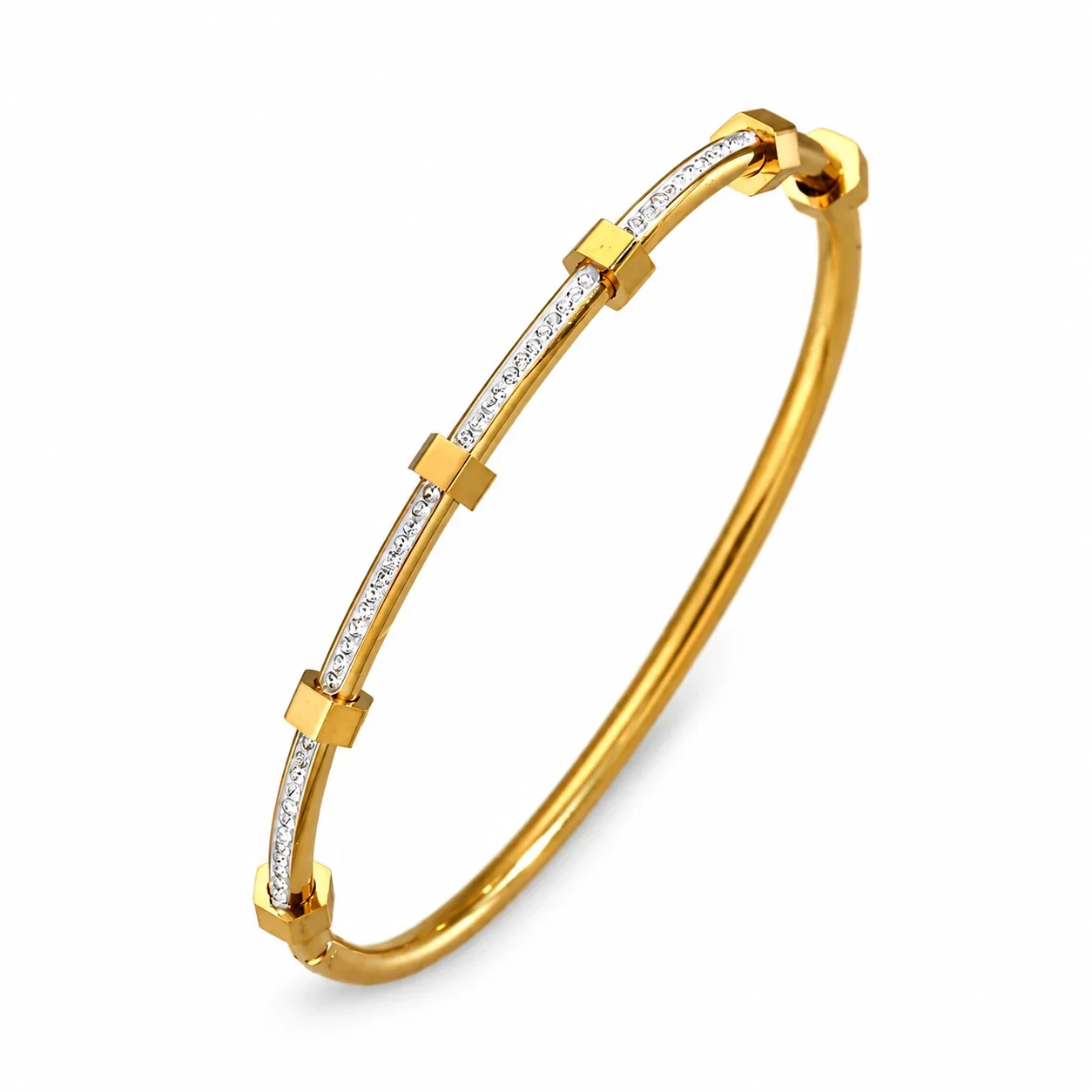 Bangle Bracelet, Triple Crystal Slider, Gold-Plated Stainless Steel - Gold Hex Nut