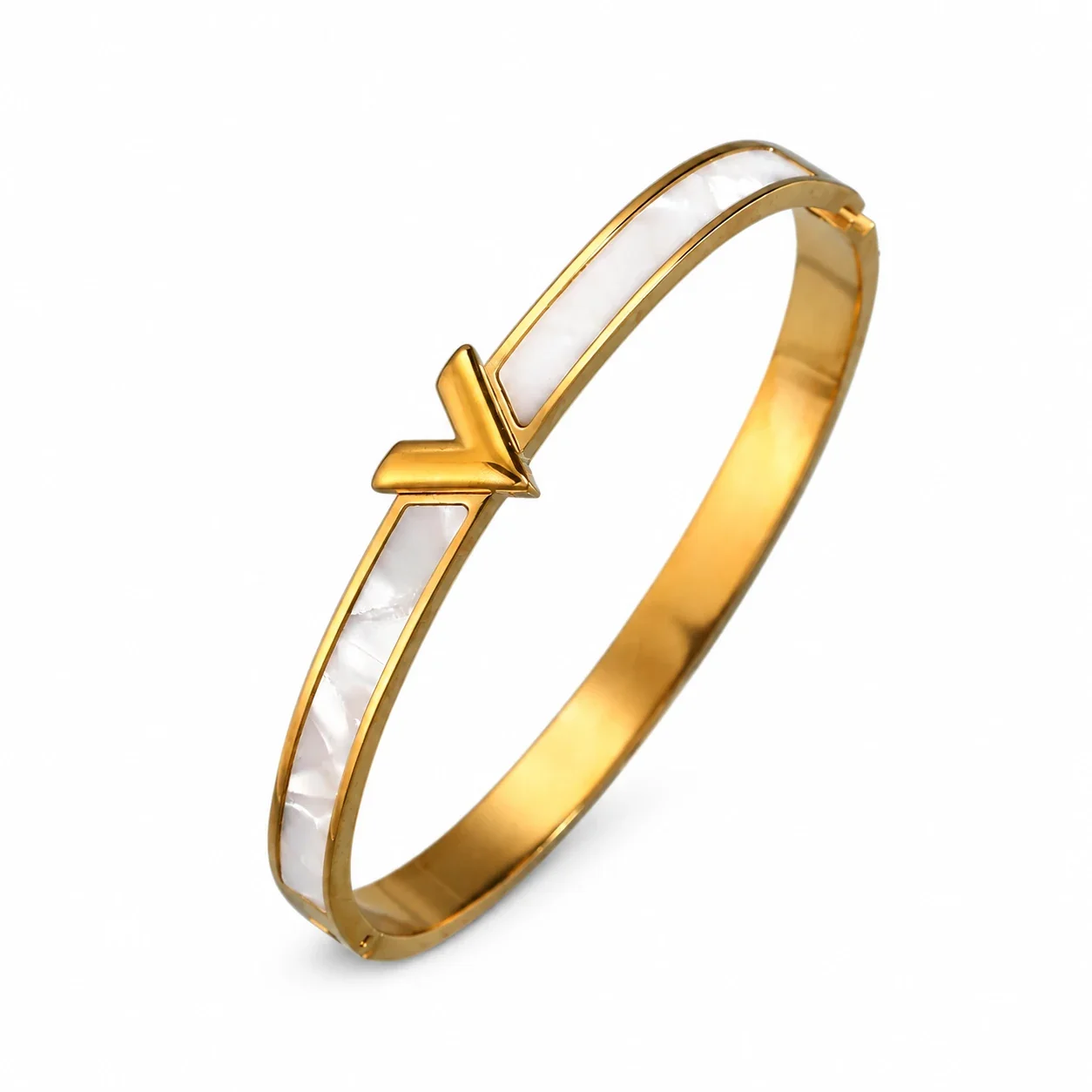 Bangle Bracelet, Triple Crystal Slider, Gold-Plated Stainless Steel - Gold V Letter