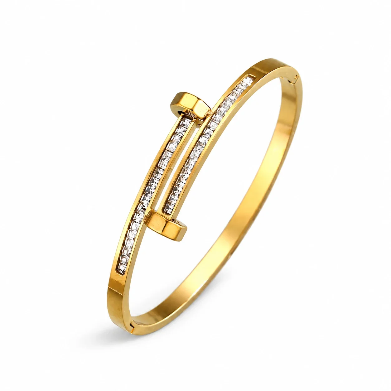 Bangle Bracelet, Triple Crystal Slider, Gold-Plated Stainless Steel - Gold Double Nail