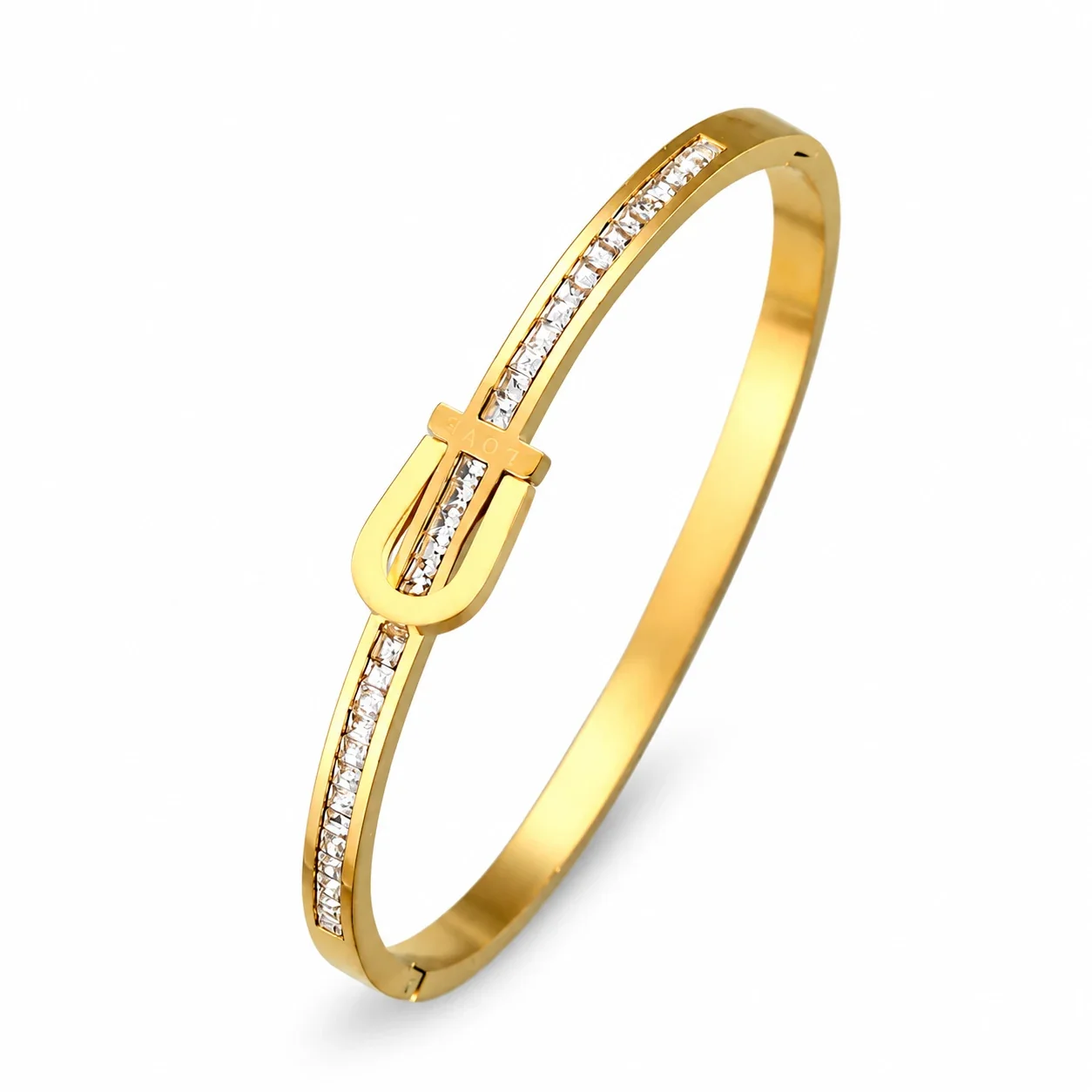 Bangle Bracelet, Triple Crystal Slider, Gold-Plated Stainless Steel - Gold Horseshoe Clasp