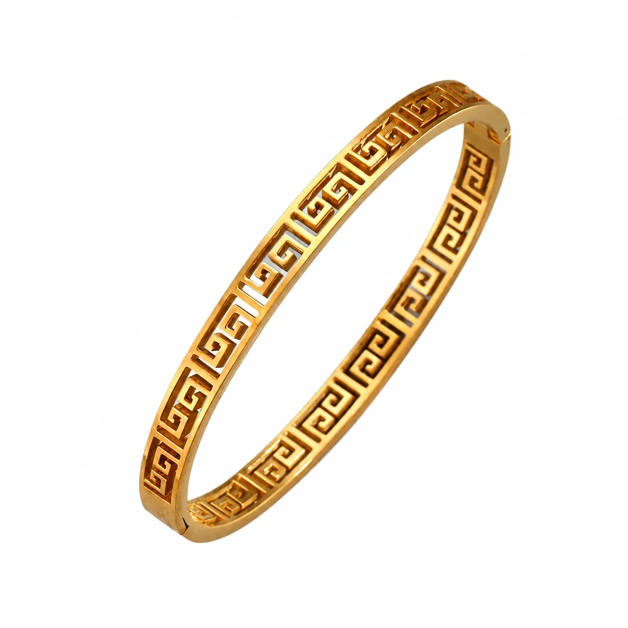 Bangle Bracelet, Triple Crystal Slider, Gold-Plated Stainless Steel - Gold Great Wall Pattern
