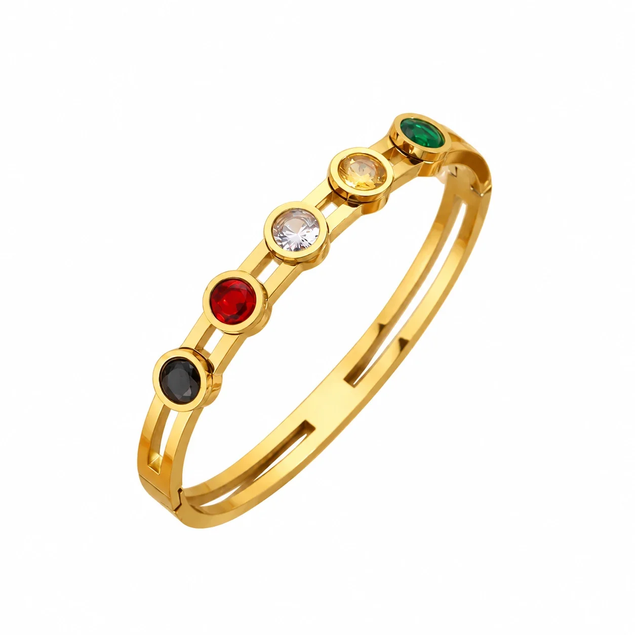 Bangle Bracelet, Triple Crystal Slider, Gold-Plated Stainless Steel - Gold Spaced Color Crystal