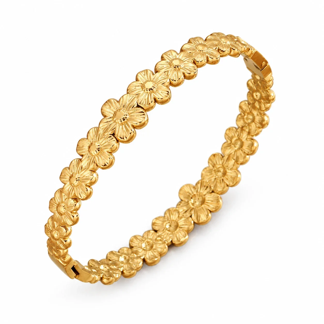 Bangle Bracelet, Triple Crystal Slider, Gold-Plated Stainless Steel - Gold Flower