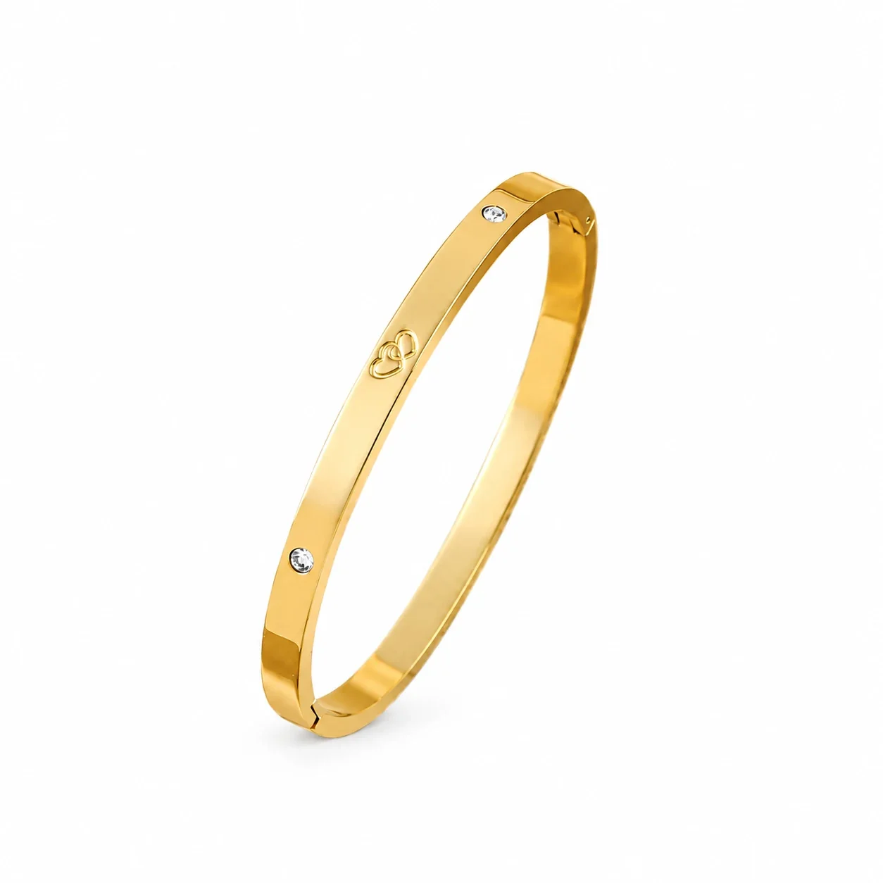 Bangle Bracelet, Triple Crystal Slider, Gold-Plated Stainless Steel - Gold Interlocking Hearts