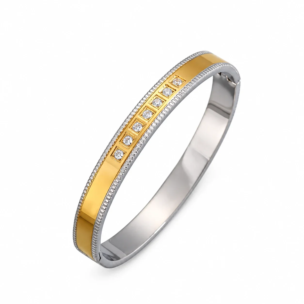 Bangle Bracelet, Triple Crystal Slider, Gold-Plated Stainless Steel - Gold Square Crystal