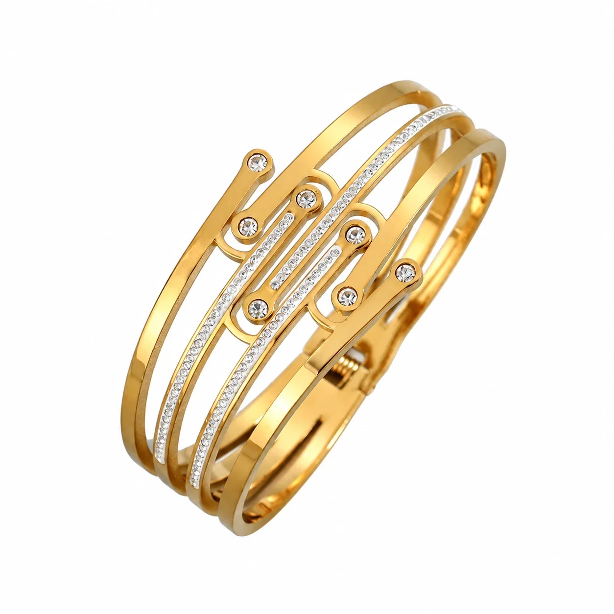 Bangle Bracelet, Triple Crystal Slider, Gold-Plated Stainless Steel - Gold Dimensional Crossover