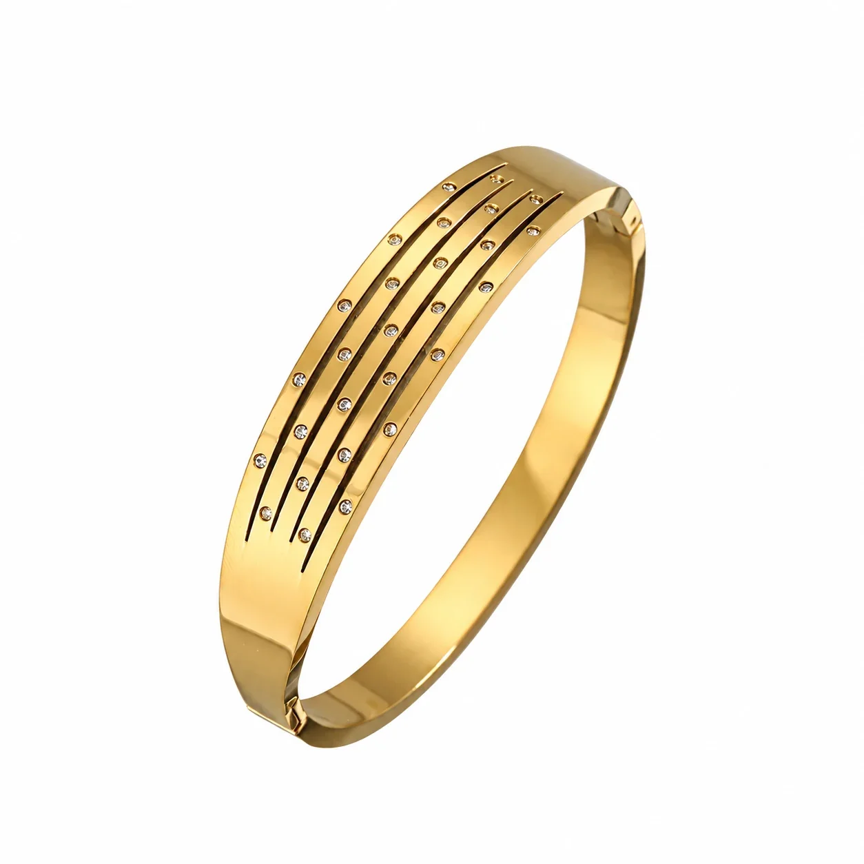 Bangle Bracelet, Triple Crystal Slider, Gold-Plated Stainless Steel - Gold Crystal Rows