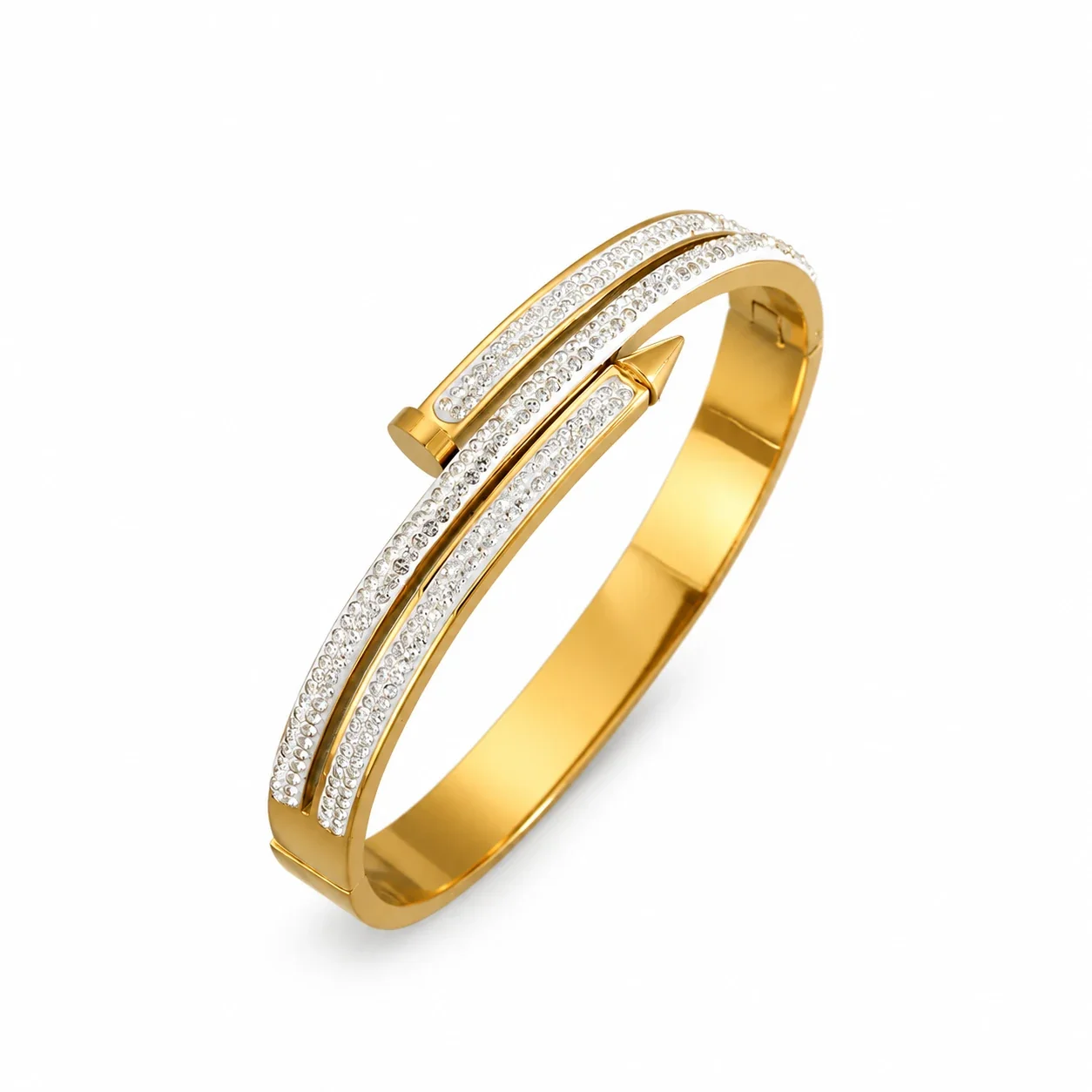 Bangle Bracelet, Triple Crystal Slider, Gold-Plated Stainless Steel - Gold Triple Crystal Row Nail