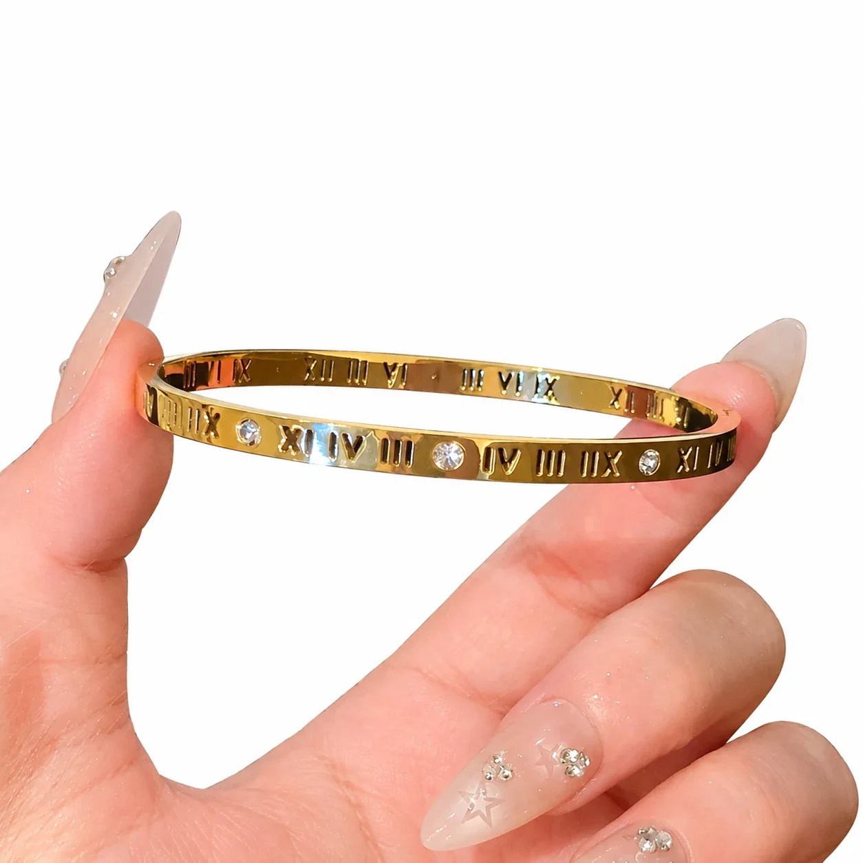 Bangle Bracelet, Triple Crystal Slider, Gold-Plated Stainless Steel - Gold Roman Numeral Crystal