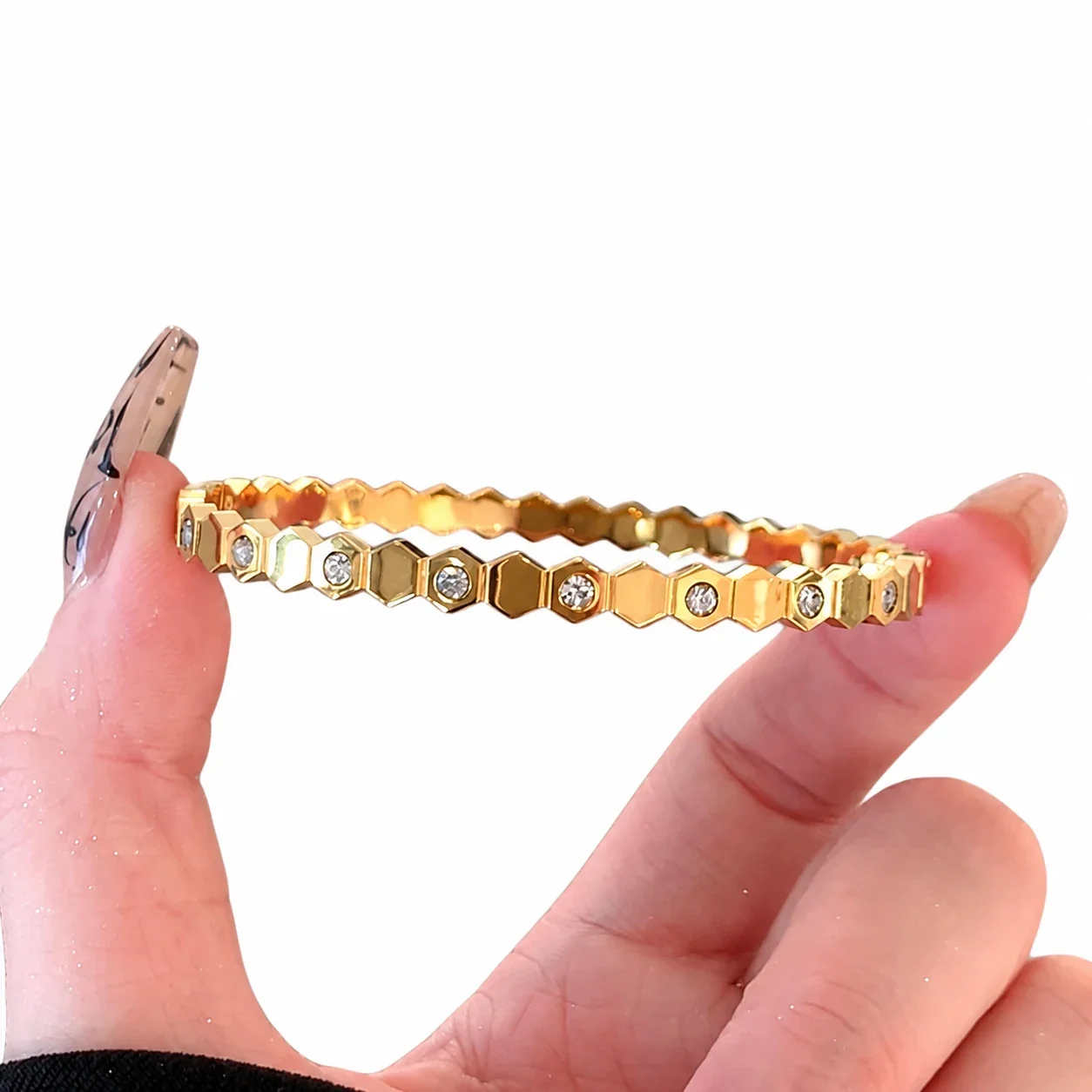 Bangle Bracelet, Triple Crystal Slider, Gold-Plated Stainless Steel - Gold Honeycomb