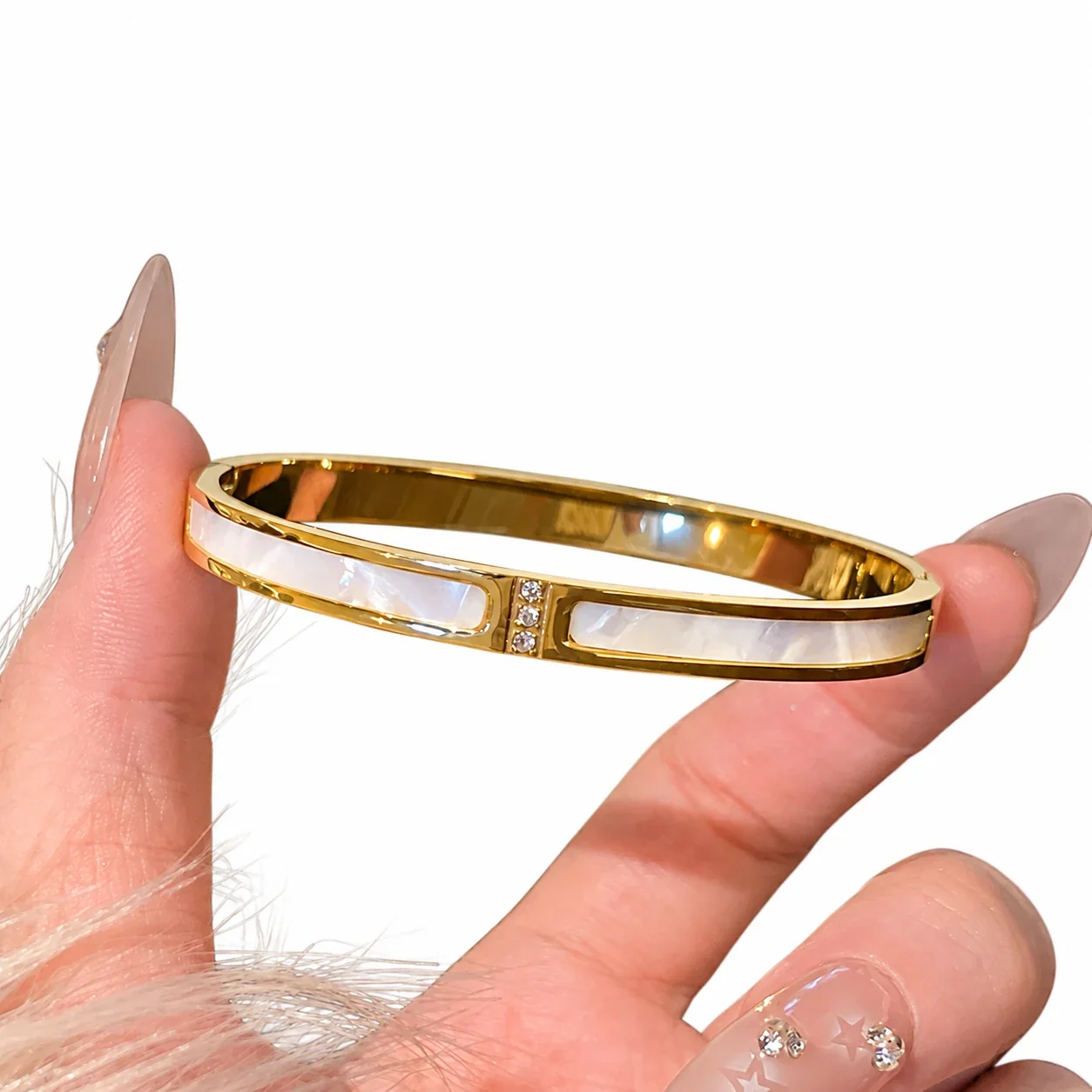 Bangle Bracelet, Triple Crystal Slider, Gold-Plated Stainless Steel - Gold -Crystal Shell