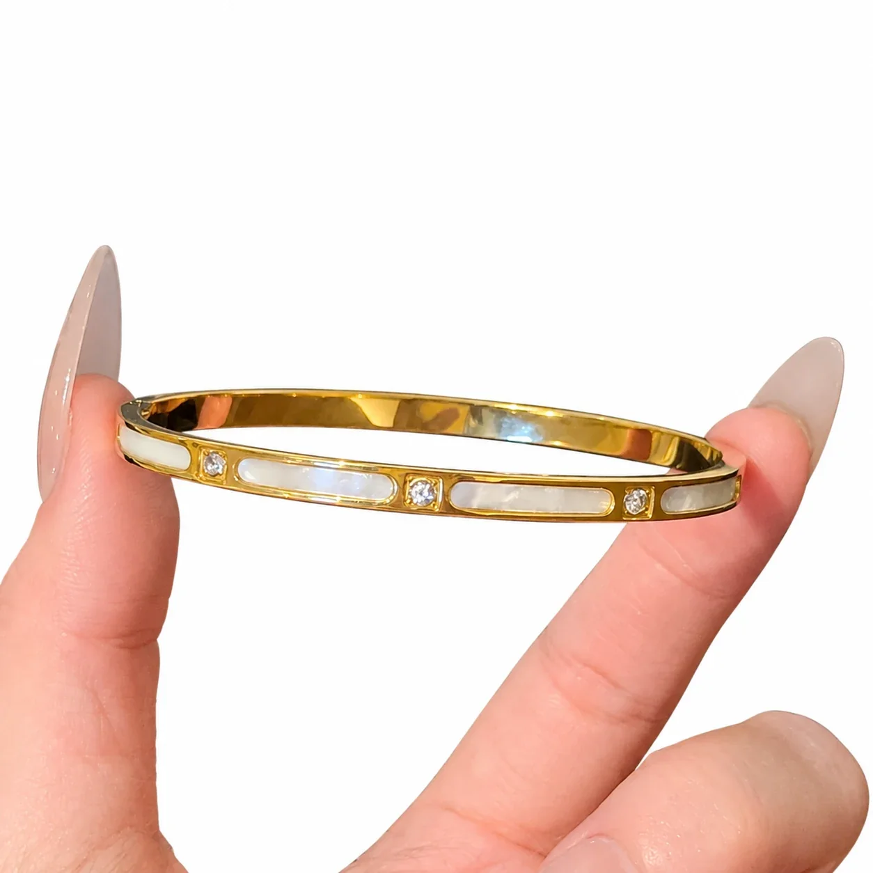 Bangle Bracelet, Triple Crystal Slider, Gold-Plated Stainless Steel - Gold Bamboo Shell