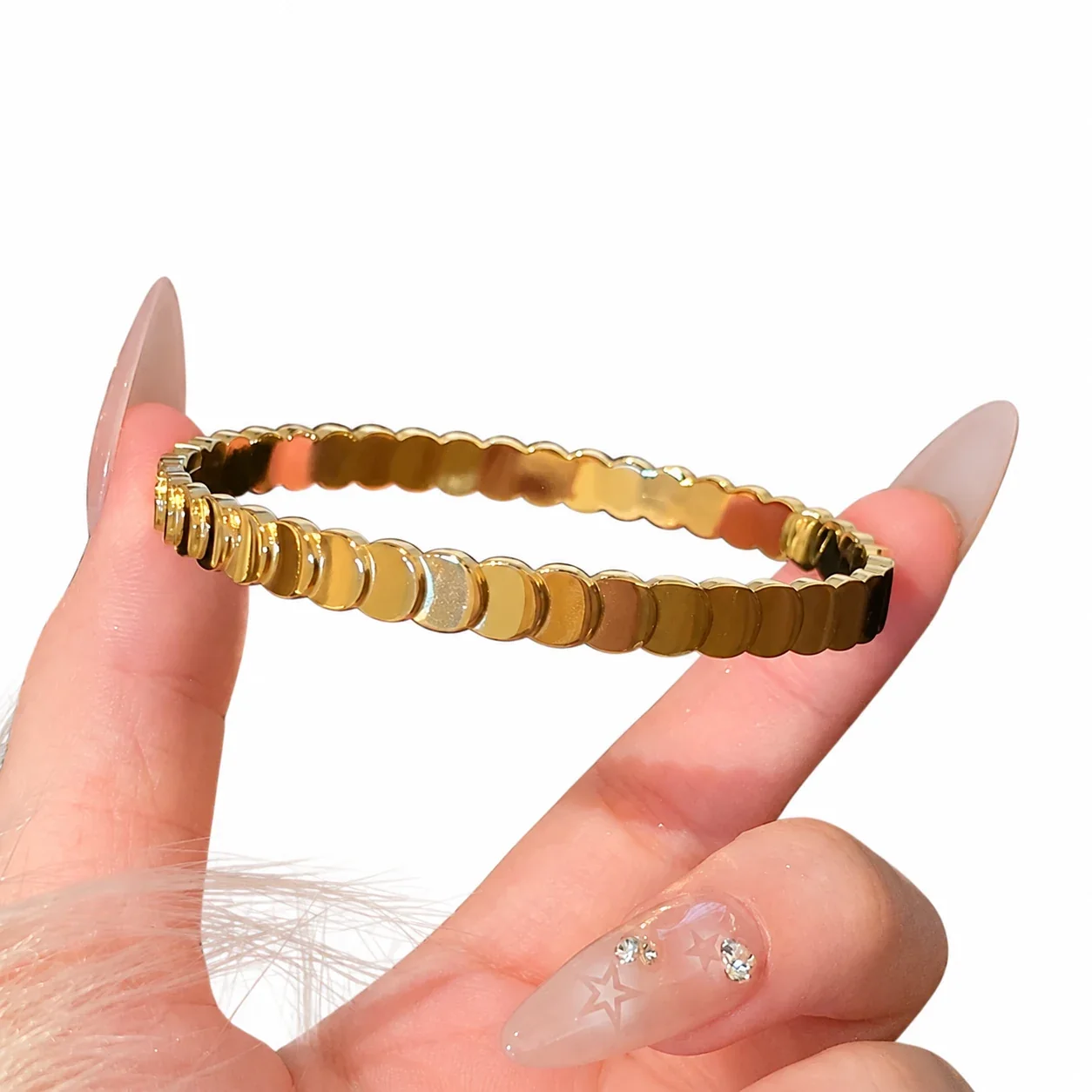Bangle Bracelet, Triple Crystal Slider, Gold-Plated Stainless Steel - Gold Fish Scale