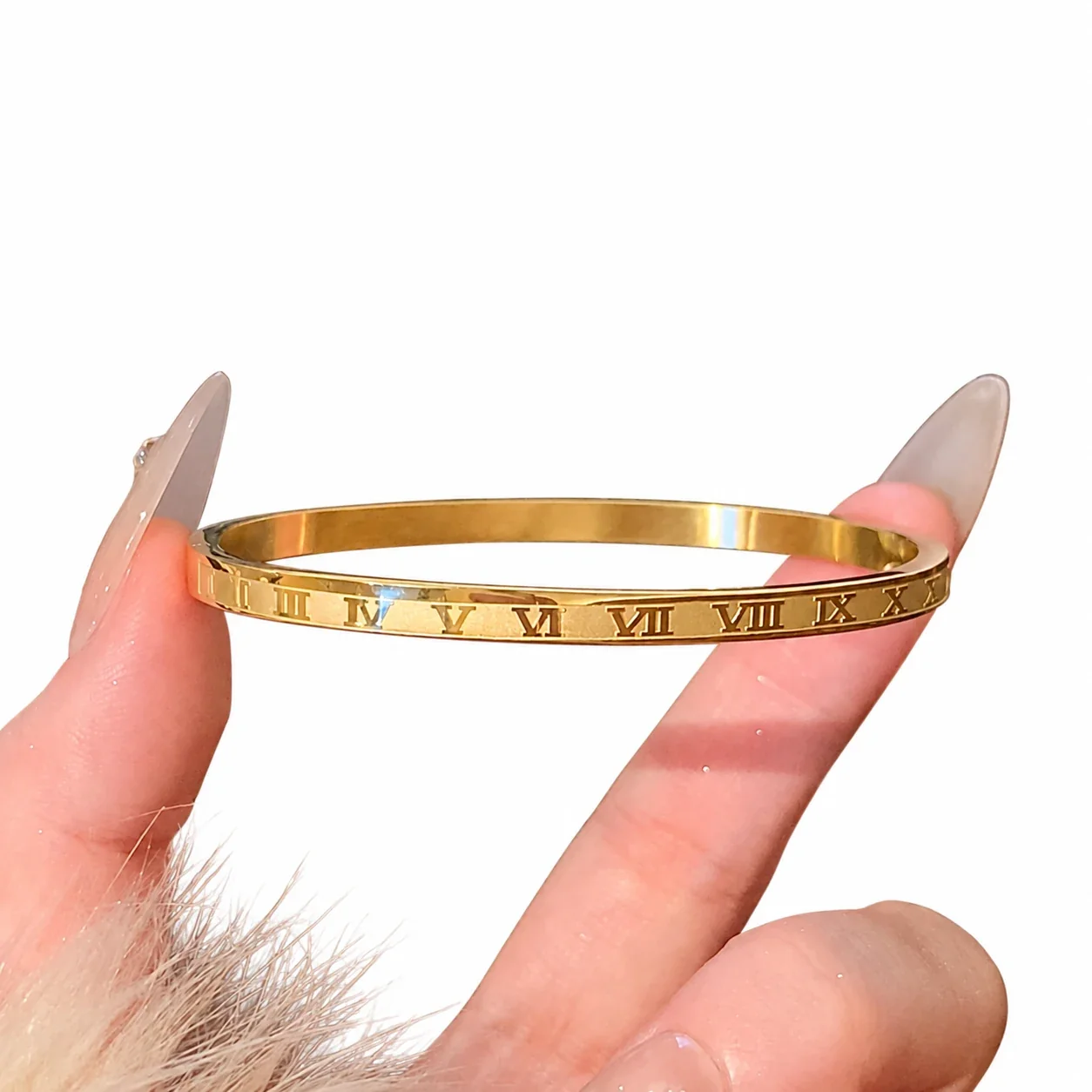 Bangle Bracelet, Triple Crystal Slider, Gold-Plated Stainless Steel - Gold Roman Numeral