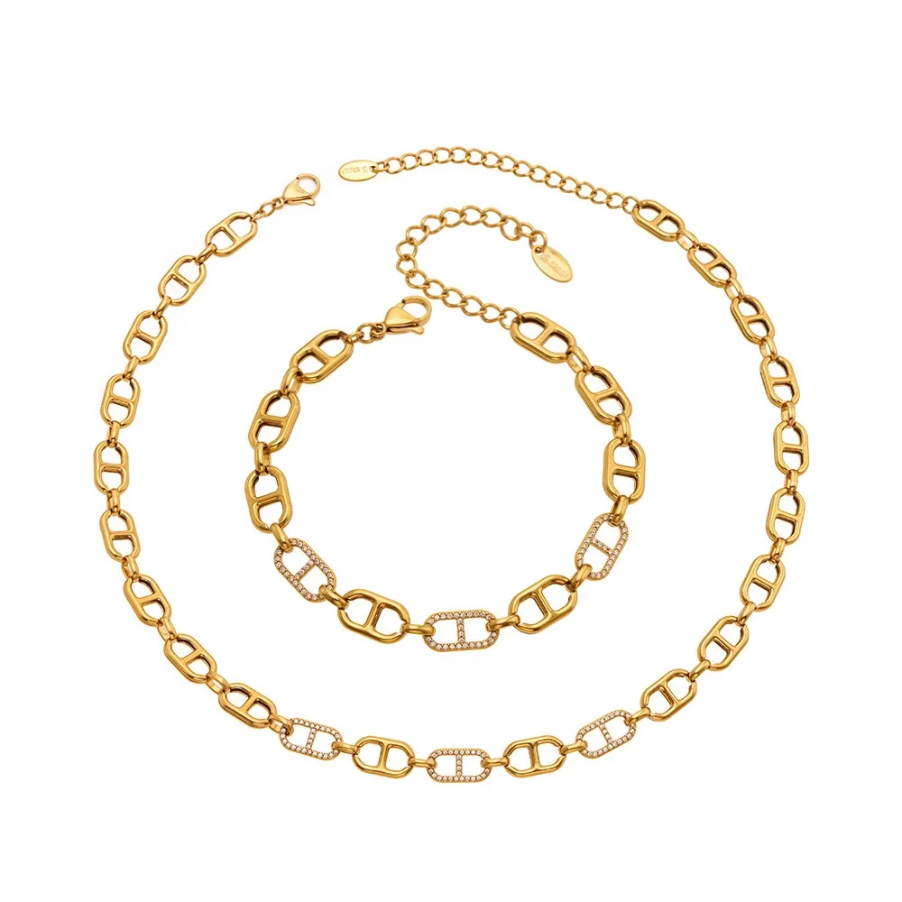 Bold Gold PVD 316 Stainless Steel Open-Link Pavé Chain Jewelry Set