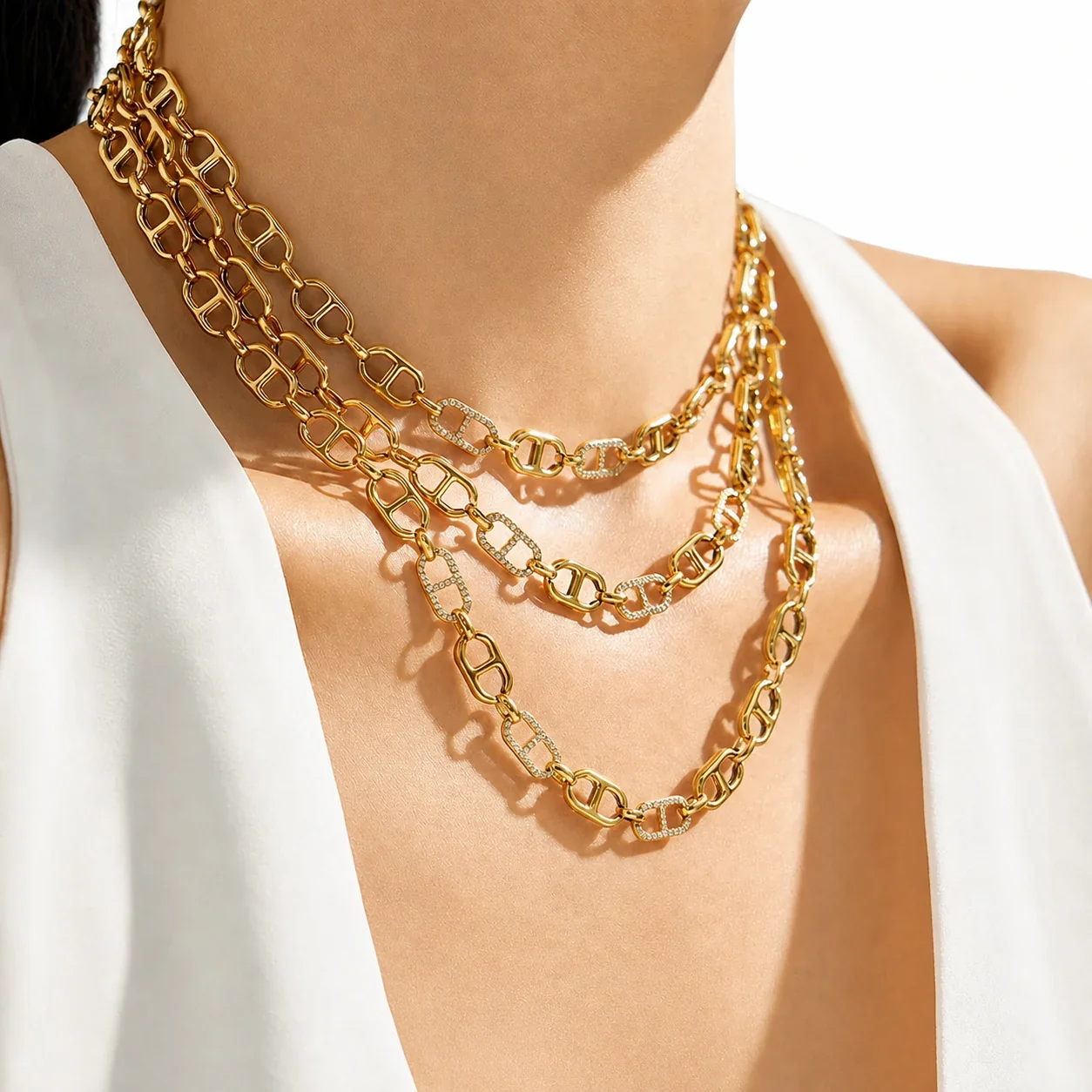 Bold Gold PVD 316 Open-Link Pavé Chain Jewelry Set