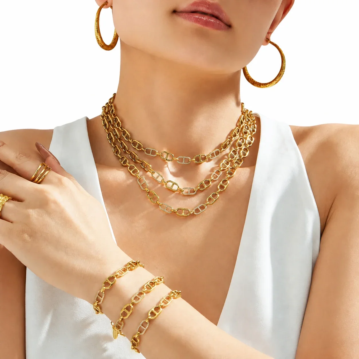 Bold Gold PVD 316 Open-Link Pavé Chain Jewelry Set