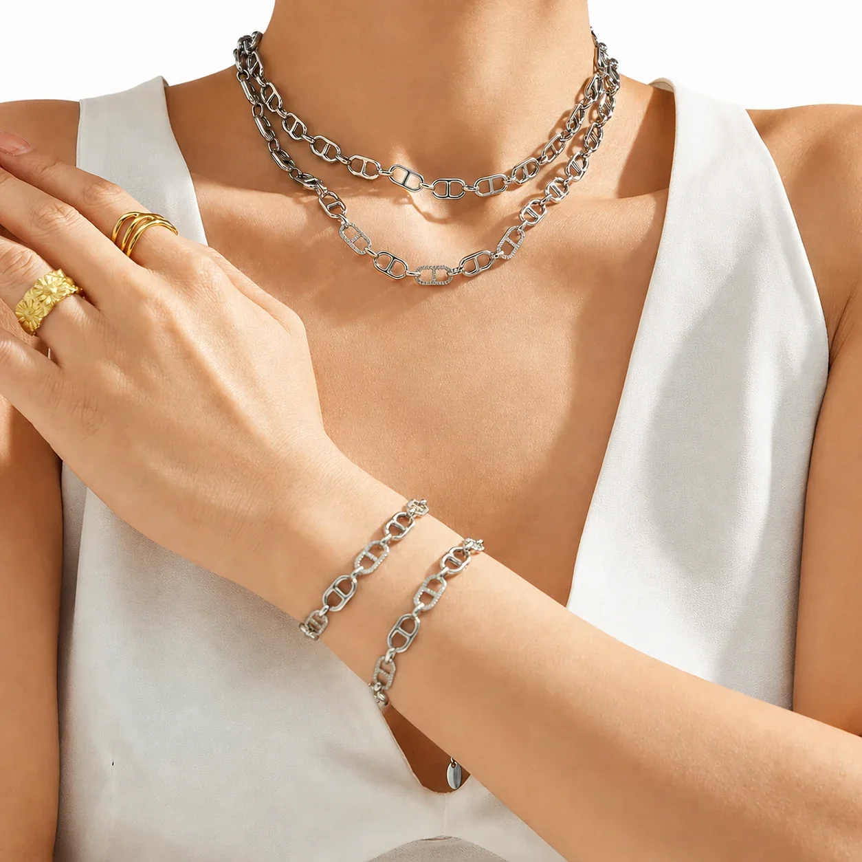 Bold Gold PVD 316 Open-Link Pavé Chain Jewelry Set