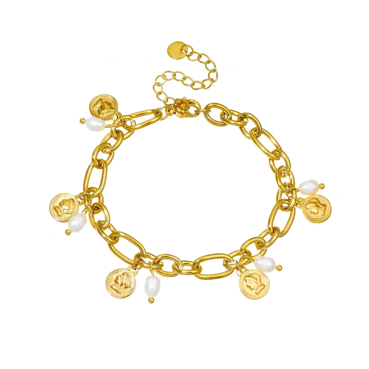 Chain Bracelet with Coin Charms & Pearls, Gold-Plated Stainless Steel