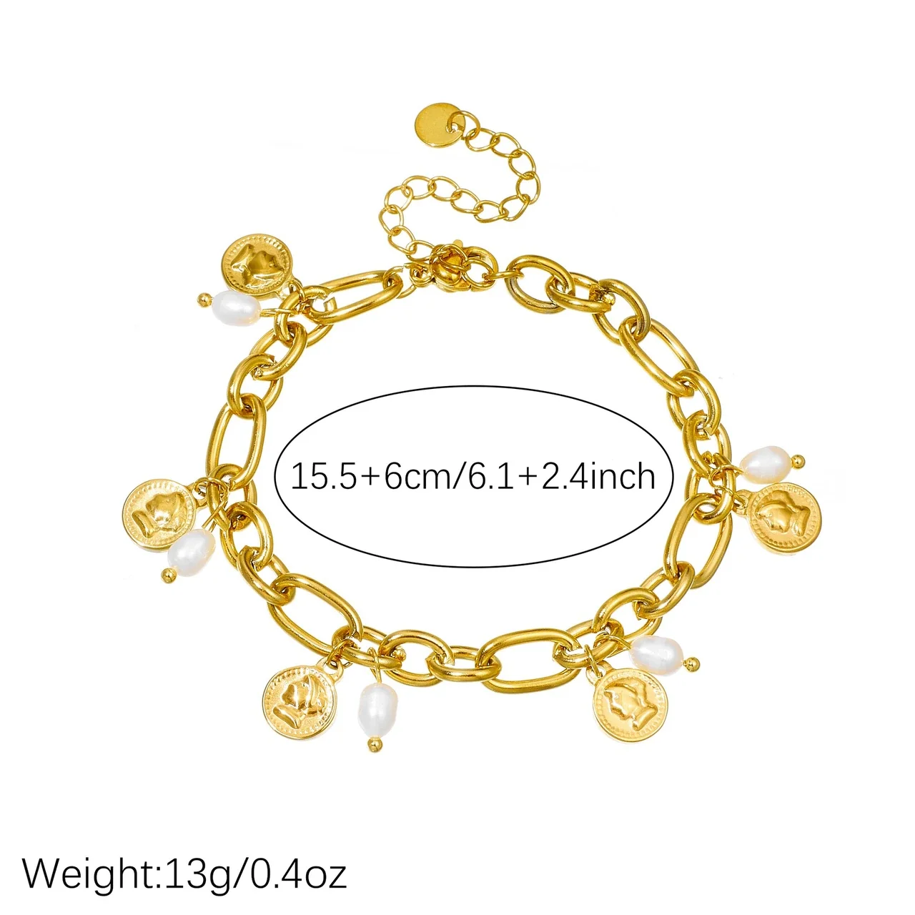Foto del producto: Pulsera de cadena con dijes de moneda y perlas, acero inoxidable chapado en oro
