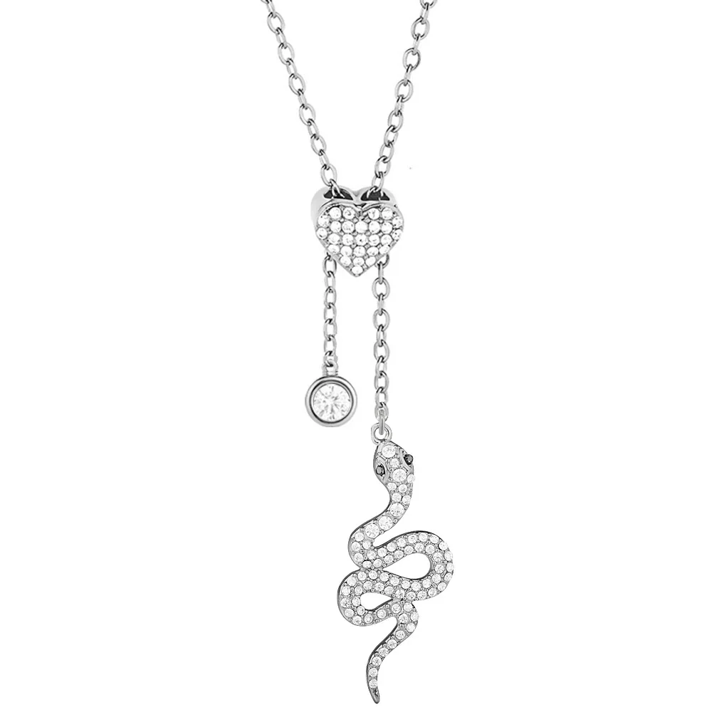 Polished 316 Stainless Steel Pavé Y-Necklace - Silver Snake