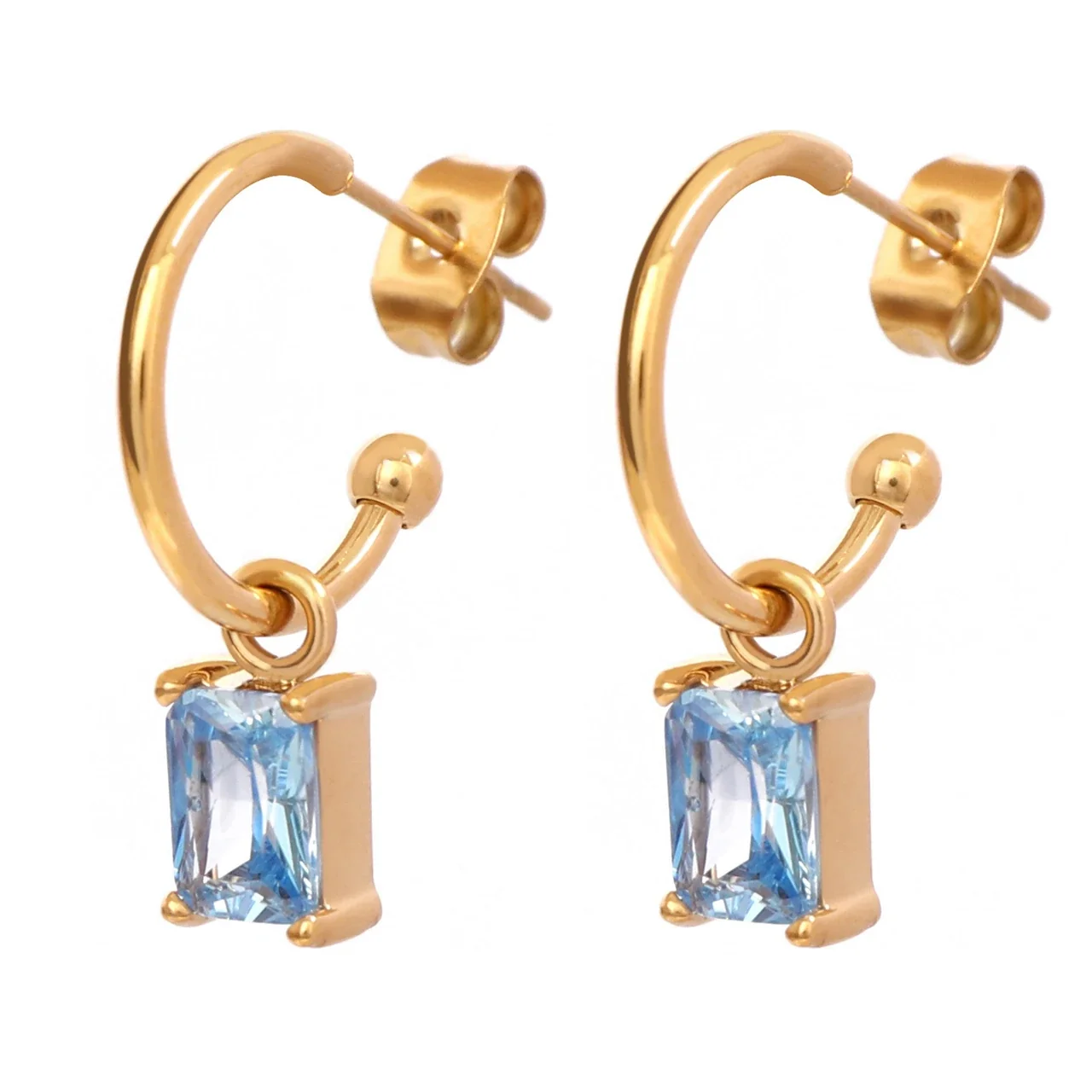 Refined Gold-Plated Blue Emerald-Cut Hoop Earrings