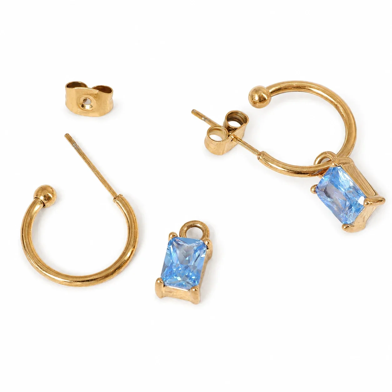 Refined Gold-Plated Blue Emerald-Cut Hoop Earrings