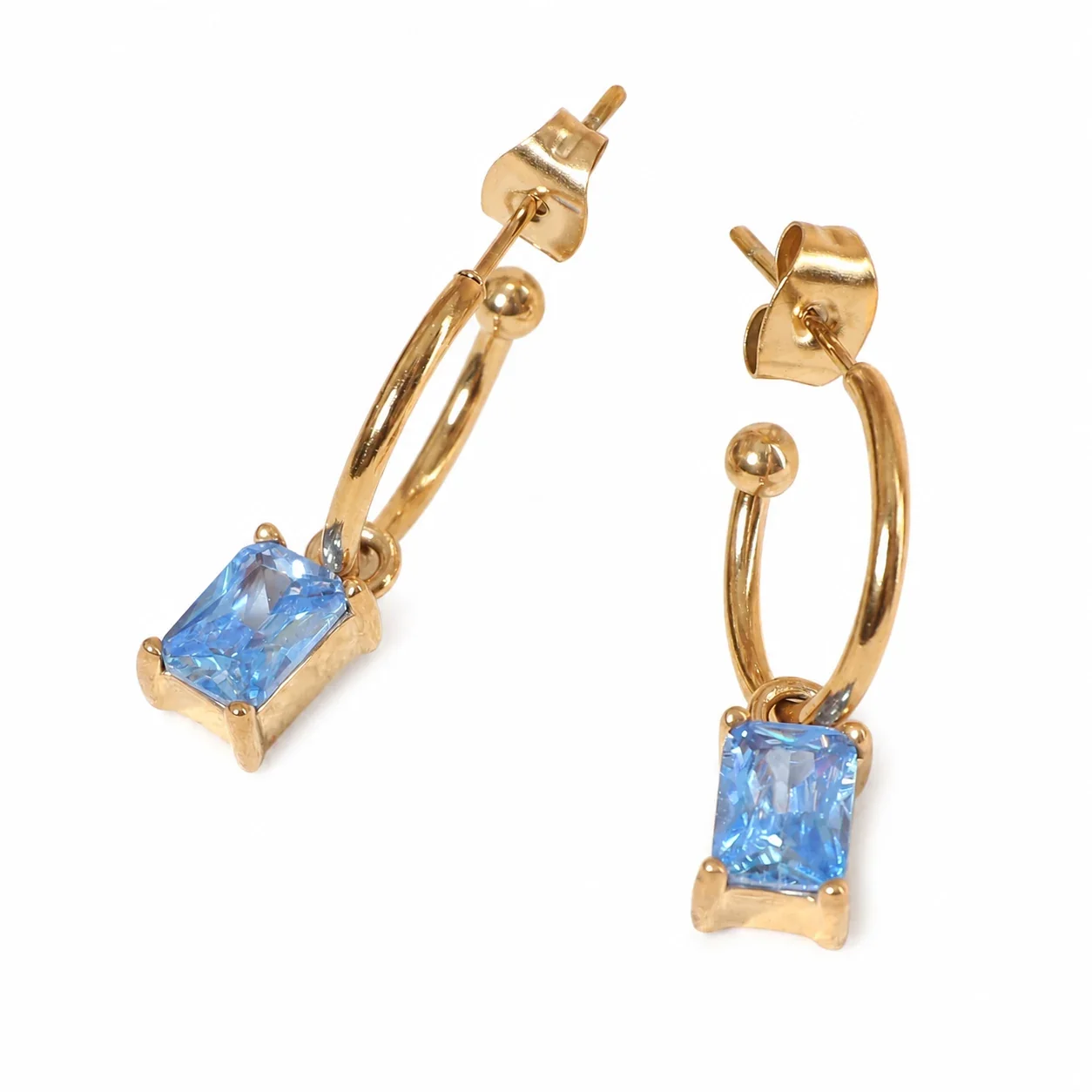 Refined Gold-Plated Blue Emerald-Cut Hoop Earrings