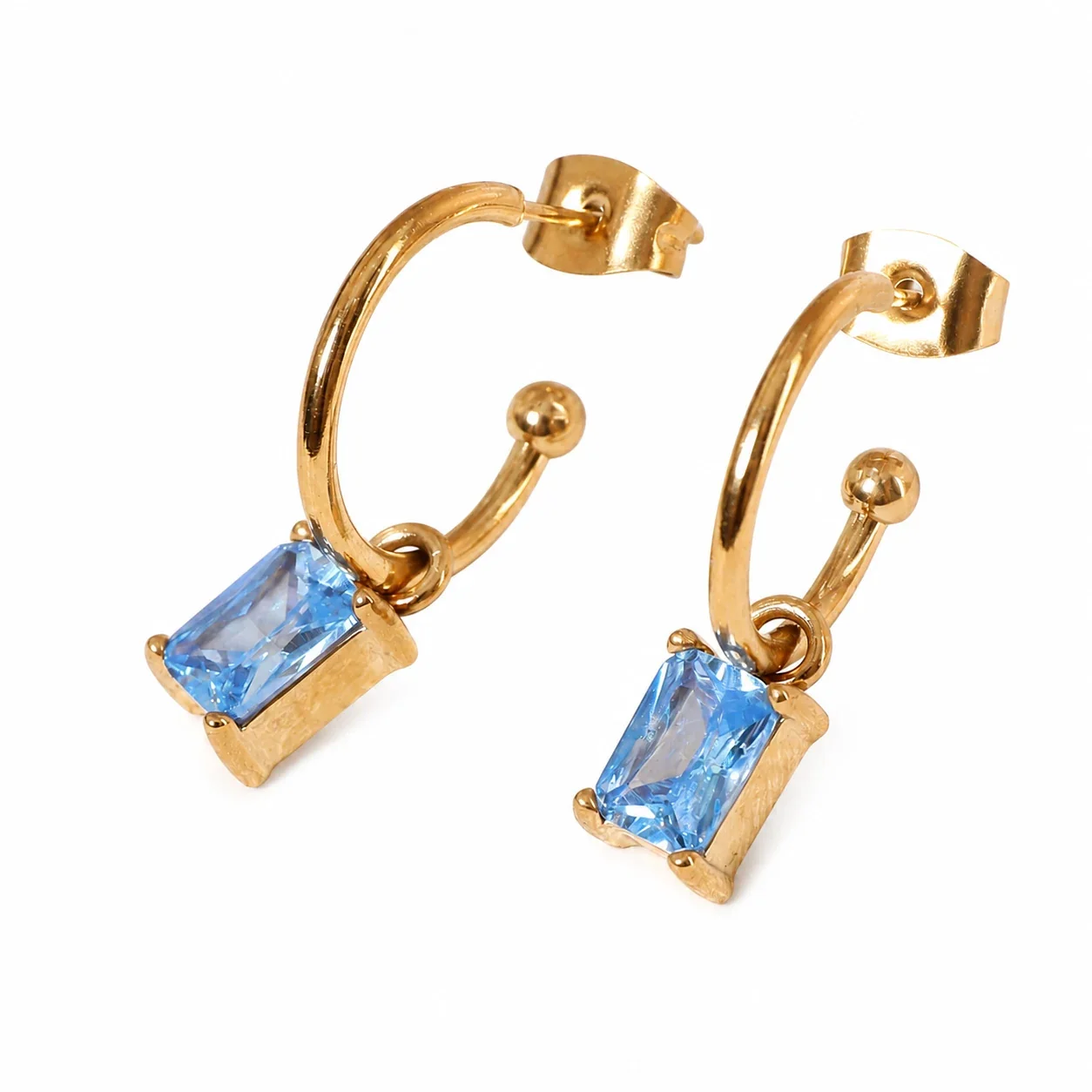 Refined Gold-Plated Blue Emerald-Cut Hoop Earrings